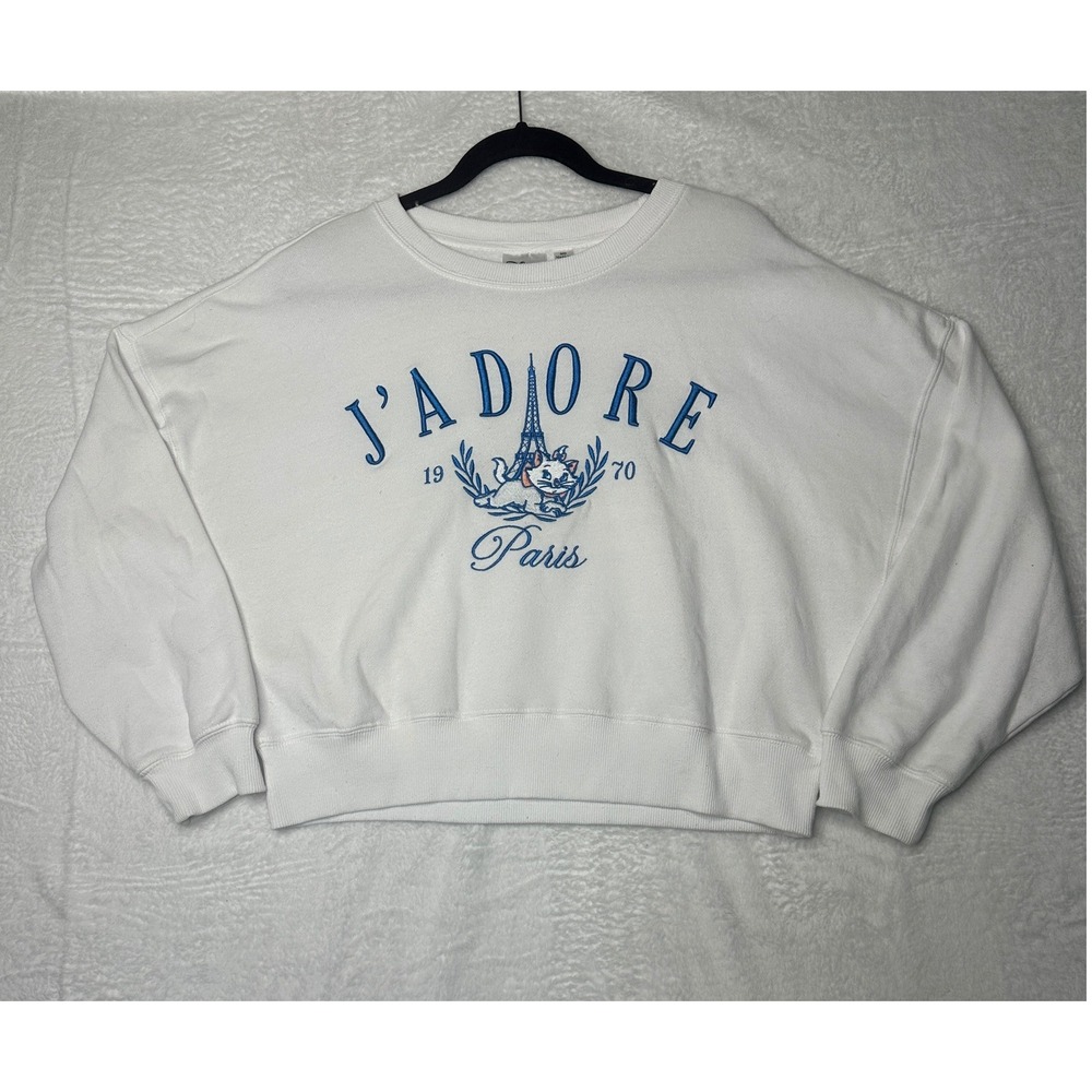 Disney Aristocats Marie Sweatshirt Women MD White J'adore Paris Cropped Pullover
